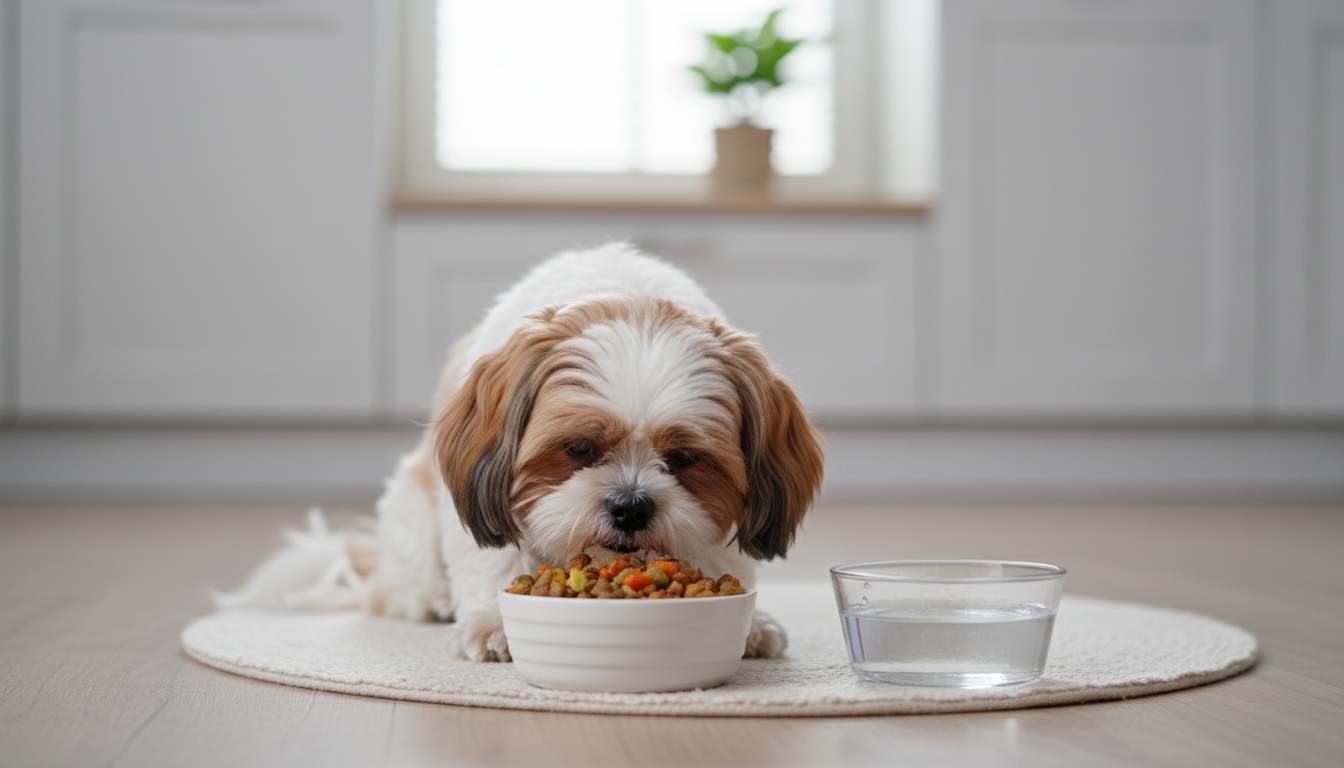 西施犬享用健康狗糧的圖片，旁邊有水碗