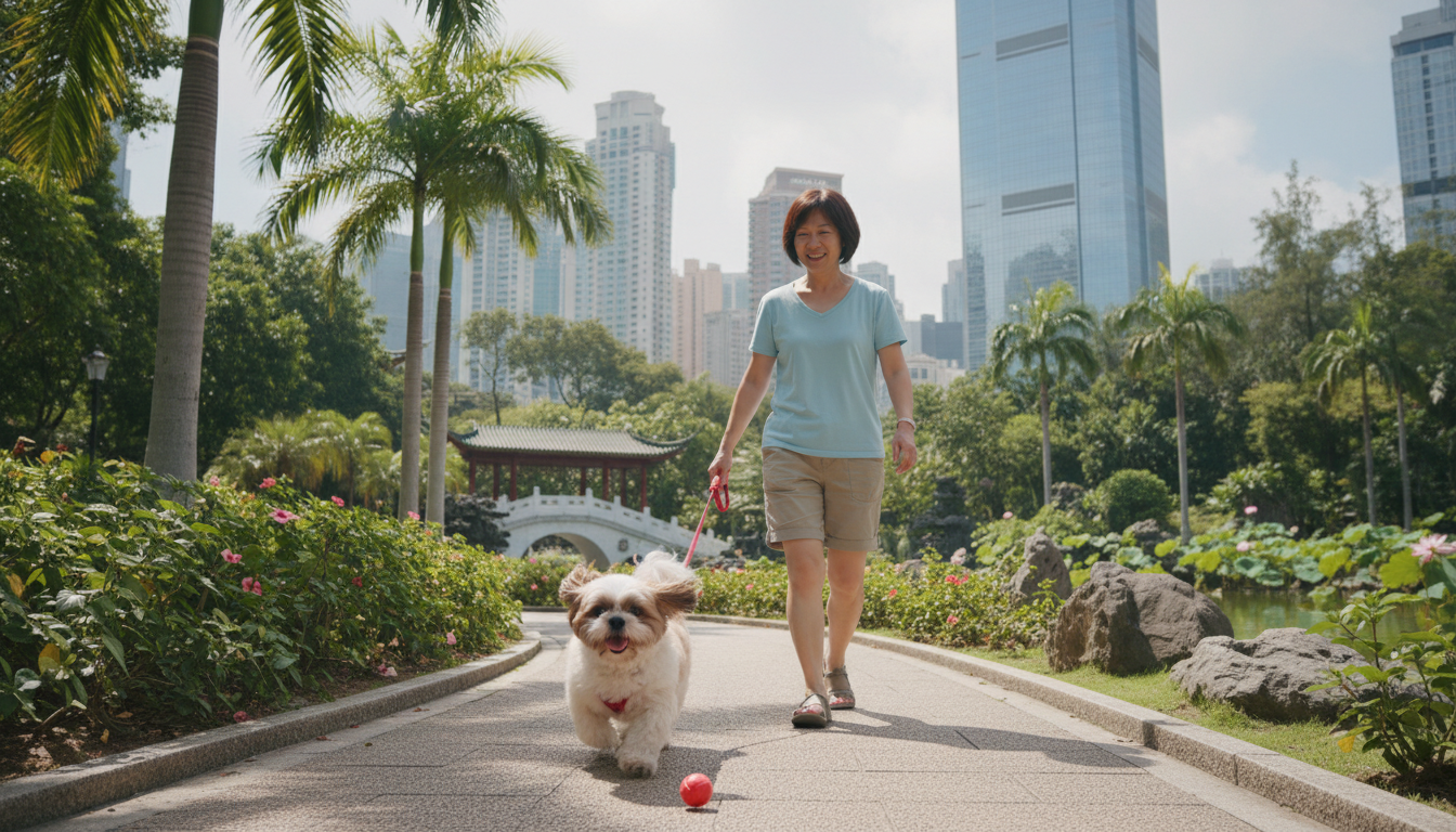 一隻健康快樂的西施犬與主人在香港公園玩耍
