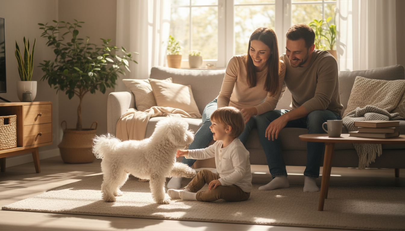比熊犬與家人互動的溫馨場面