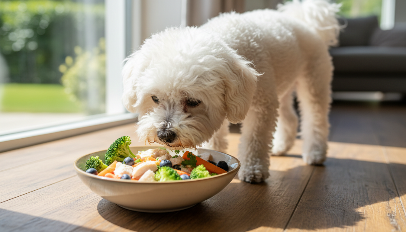比熊犬正在享用健康餐點