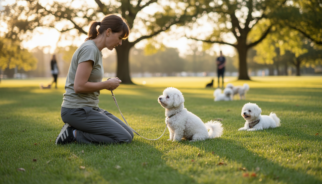 訓練師正在指導比熊犬進行服從訓練