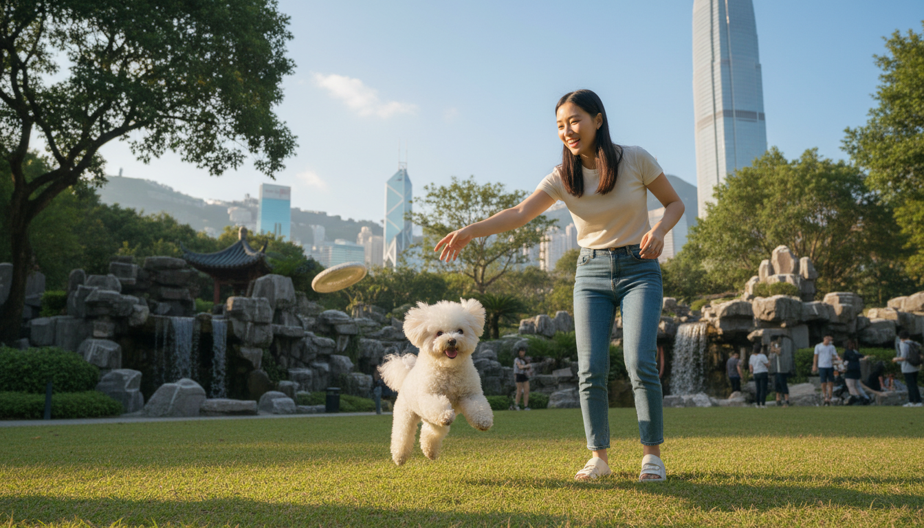 一隻快樂的比熊犬與主人在香港公園玩耍
