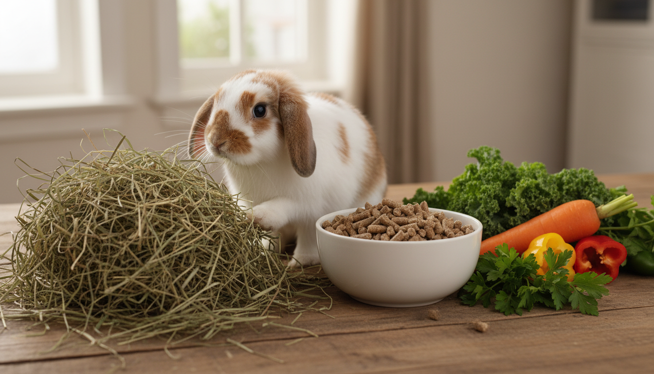 荷蘭垂耳兔的均衡飲食組合：乾草、兔糧、蔬菜