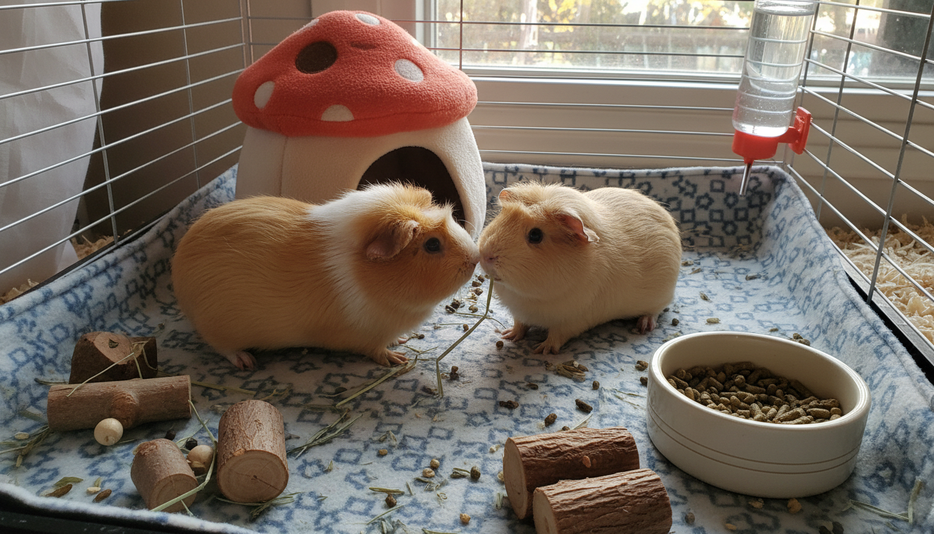 兩隻阿比西尼亞天竺鼠在舒適的籠子裡互動