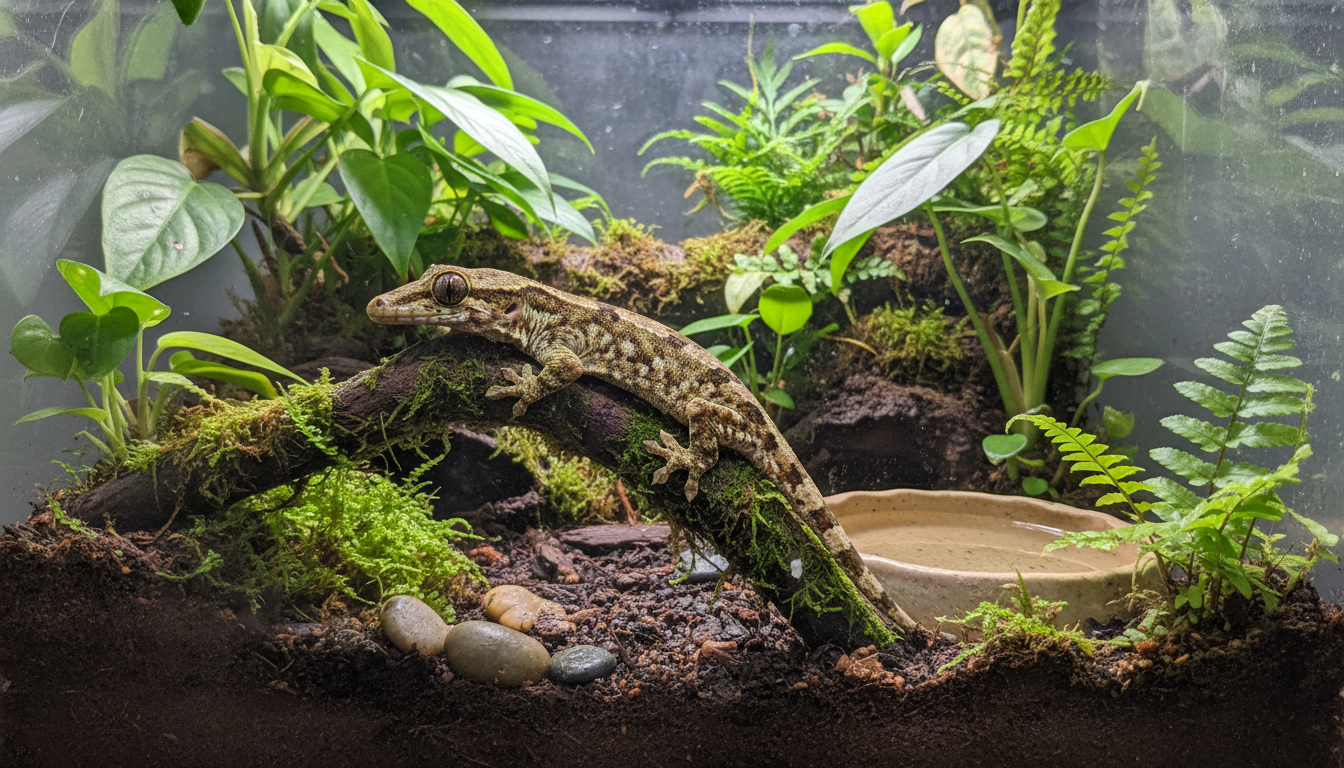 一隻健康的清萊雨林守宮在精心佈置的飼養箱中