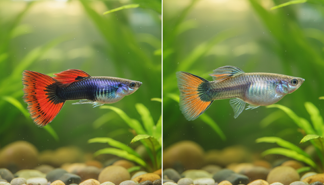 紅尾禮服孔雀魚雄魚和雌魚的對比展示