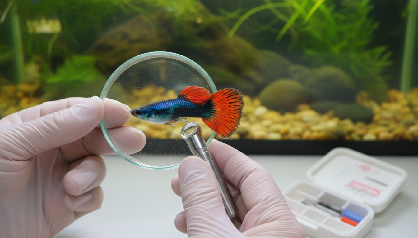 飼主檢查紅尾禮服孔雀魚健康狀況的示例