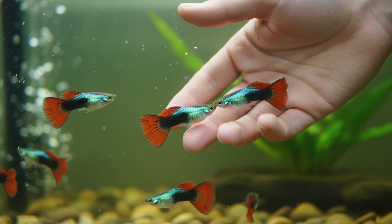 飼主與紅尾禮服孔雀魚進行互動的場景