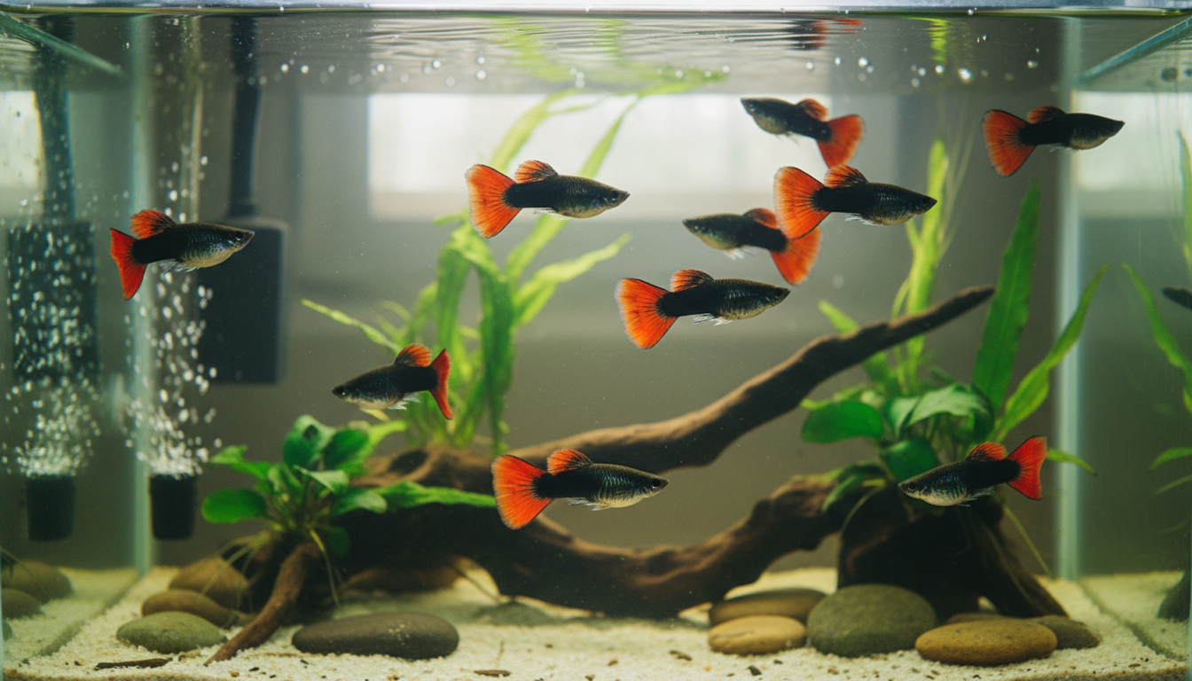 一群健康活潑的紅尾禮服孔雀魚在魚缸中自由游弋