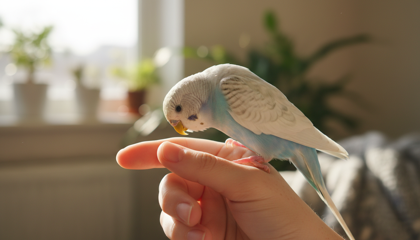 一隻蛋白石虎皮鸚鵡在主人手上玩耍的溫馨畫面