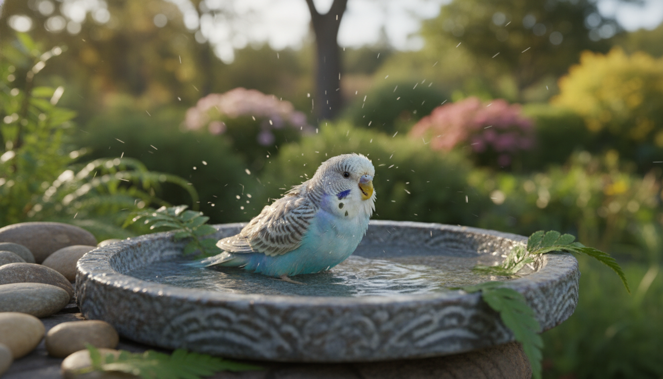 為蛋白石虎皮鸚鵡提供鳥浴的場景