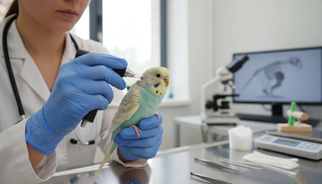 獸醫正在為蛋白石虎皮鸚鵡進行健康檢查