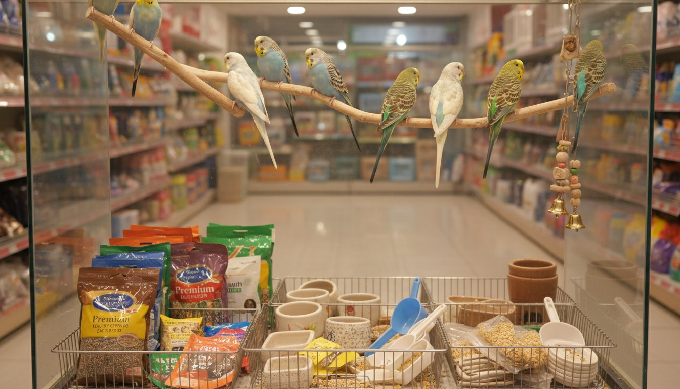 香港寵物店內展示的蛋白石虎皮鸚鵡及其飼養用品