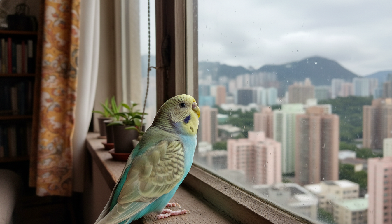 一隻蛋白石虎皮鸚鵡在香港的窗邊溫馨地望向遠方