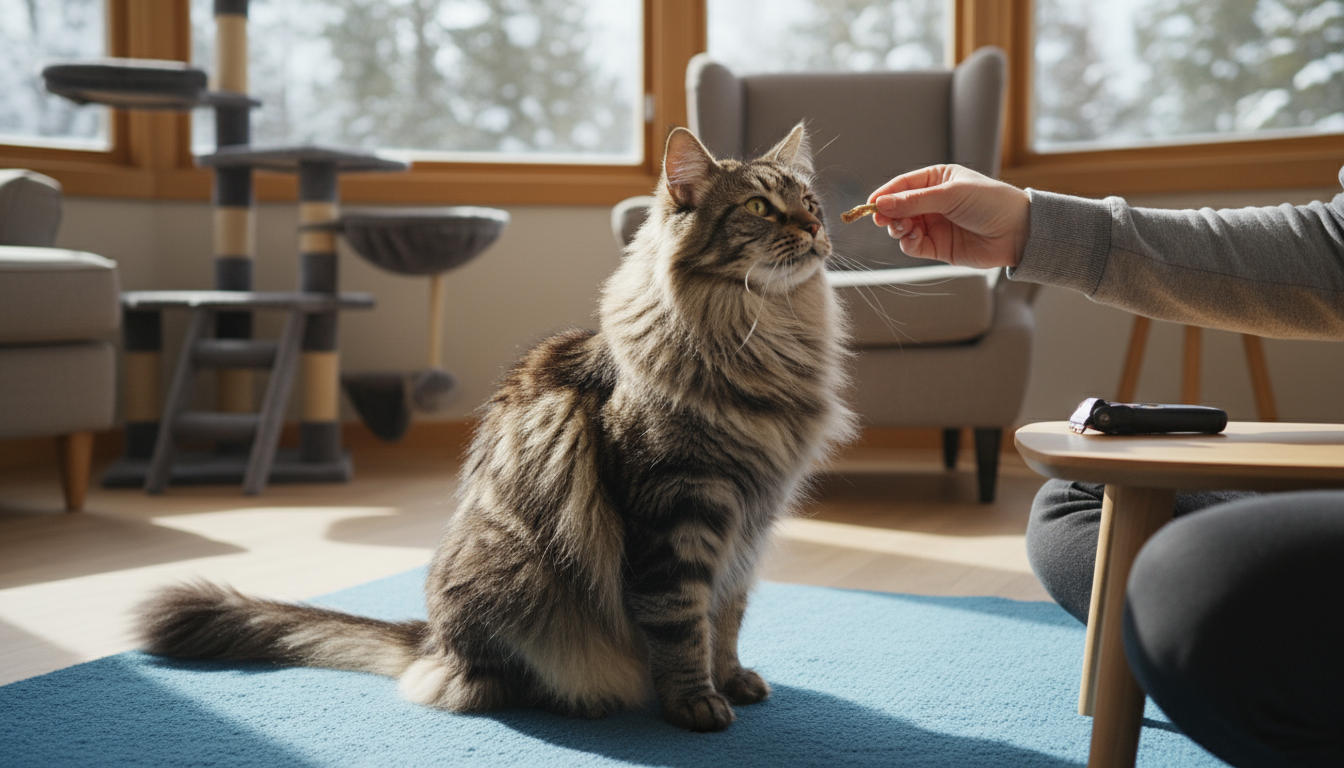 挪威森林貓進行正面強化訓練的互動場景