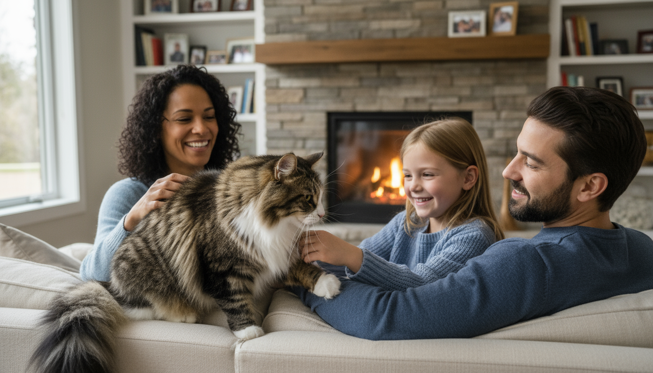 挪威森林貓與家人溫馨互動的場景，展現其友善性格