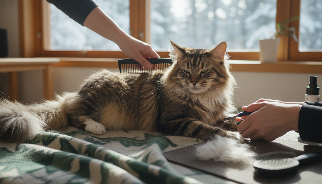 為挪威森林貓進行日常護理的正確方法，包括梳毛和指甲修剪