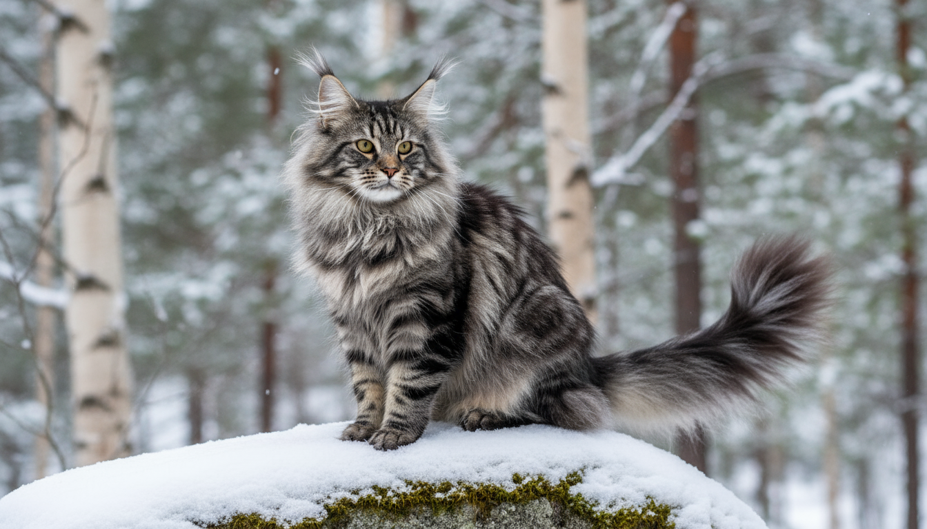 挪威森林貓的典型外觀特徵展示，包括雙層毛、耳飾毛和長尾巴