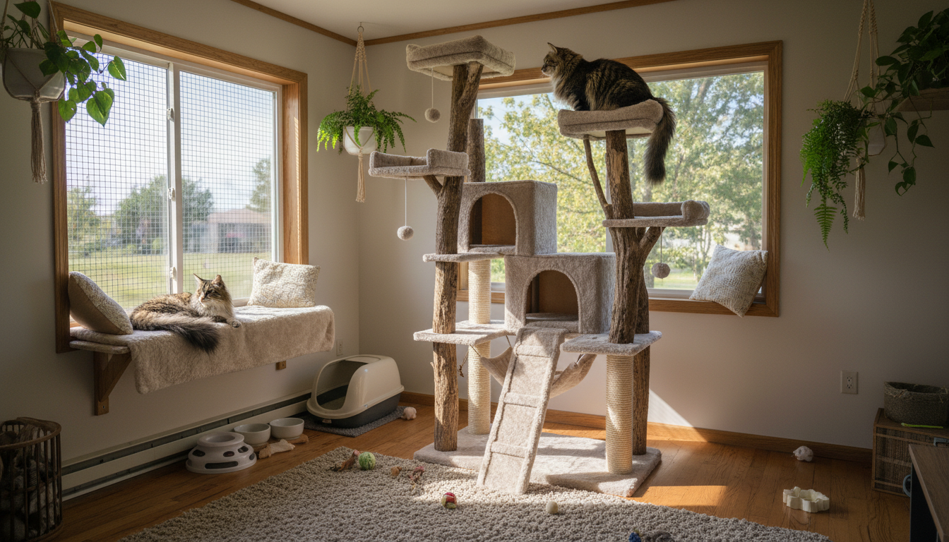 適合挪威森林貓的理想家居環境設置，包括高大的貓爬架和安全窗戶