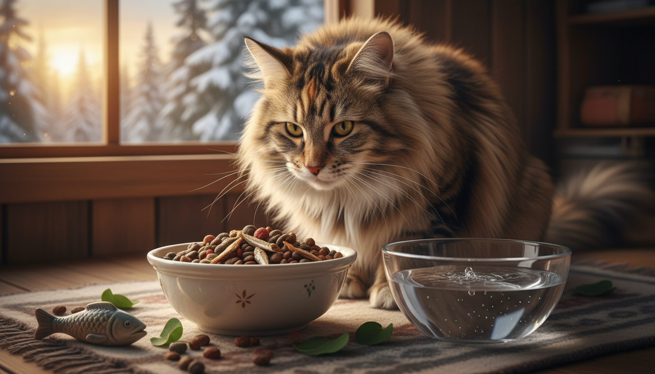 挪威森林貓享用高品質貓糧和新鮮飲水的場景