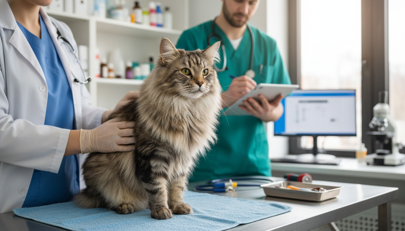 獸醫為挪威森林貓進行健康檢查的場景