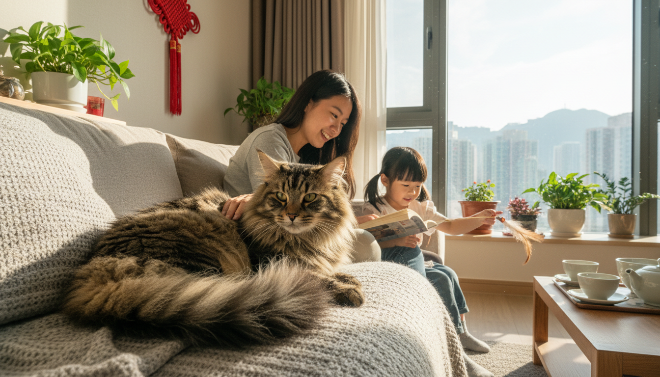 挪威森林貓在香港家中舒適地休息，享受與家人共度的時光