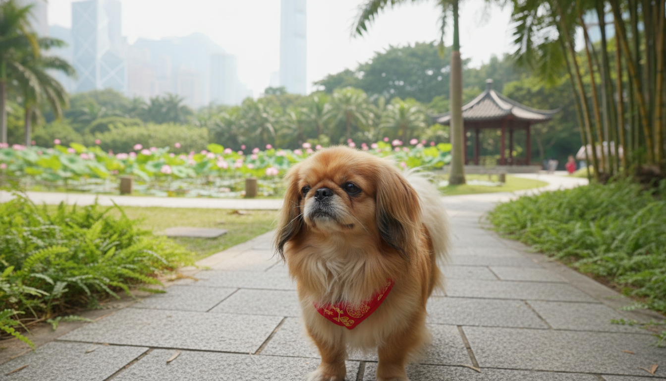 一隻優雅的北京狗在香港公園中散步