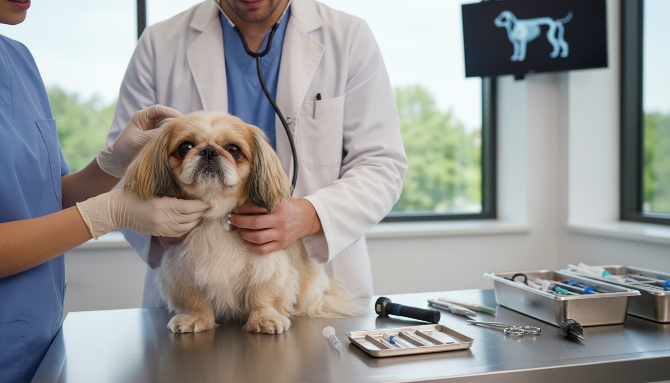獸醫正在為北京狗進行健康檢查