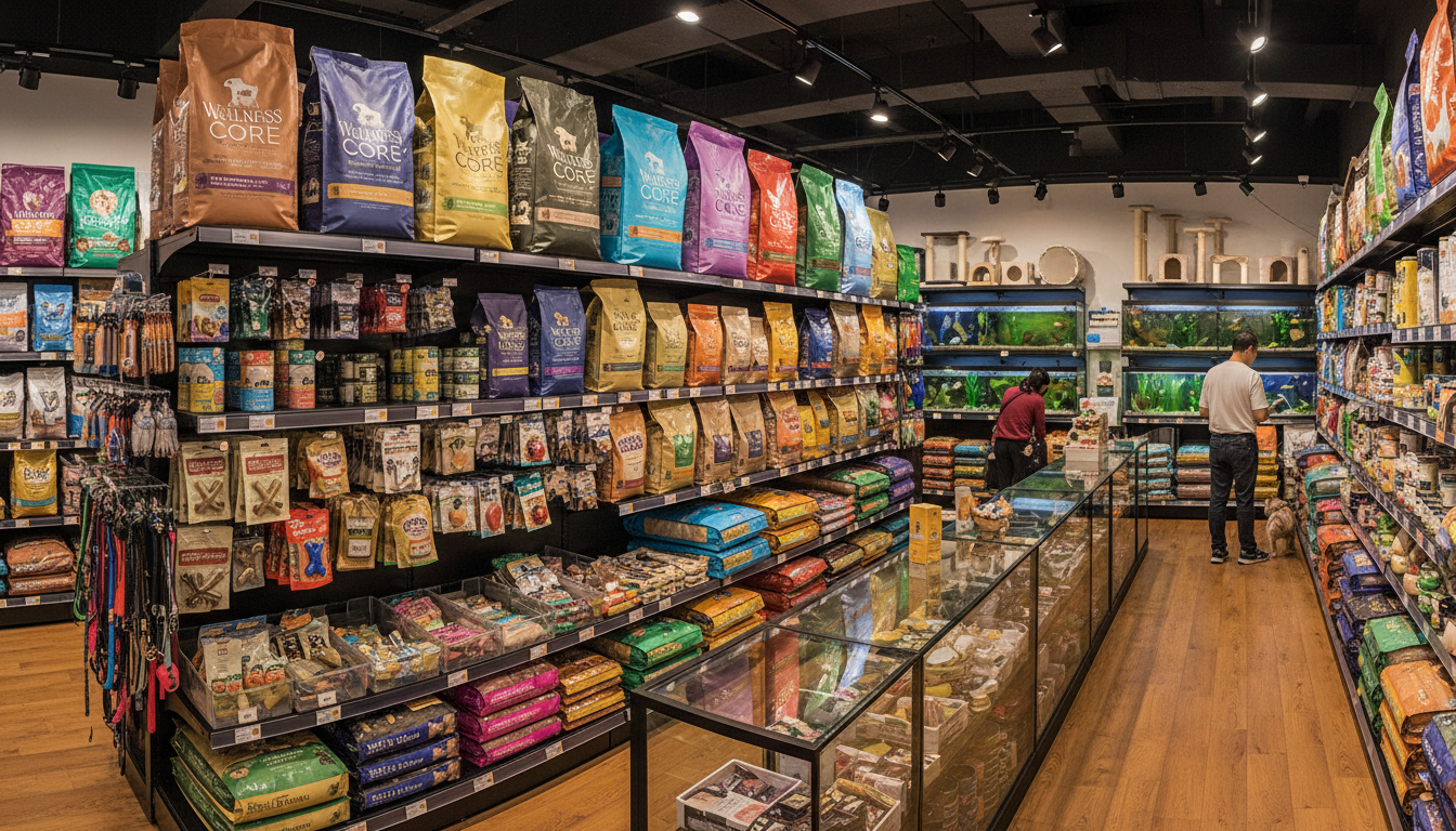 香港寵物店內展示的各種狗糧和寵物用品