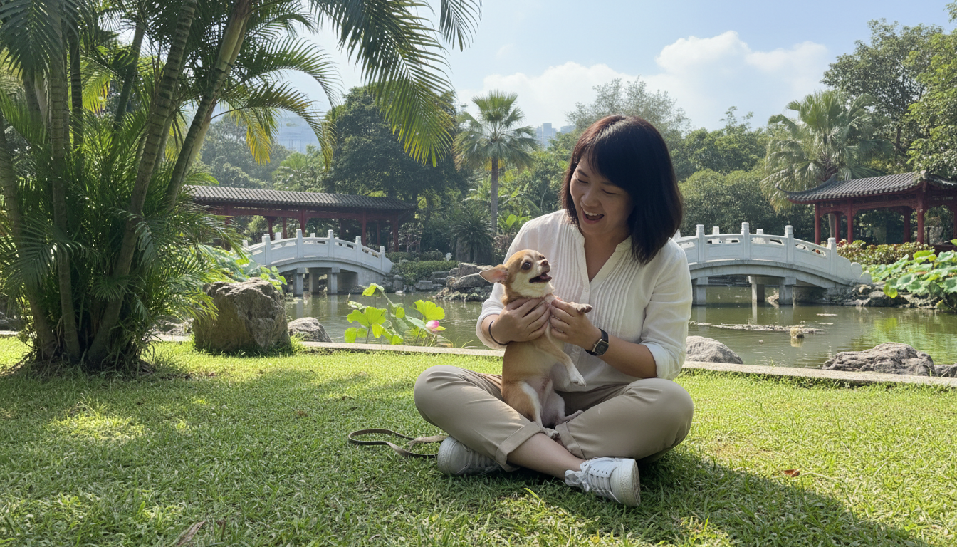 主人與吉娃娃（短毛）在香港公園愉快玩耍的溫馨場景