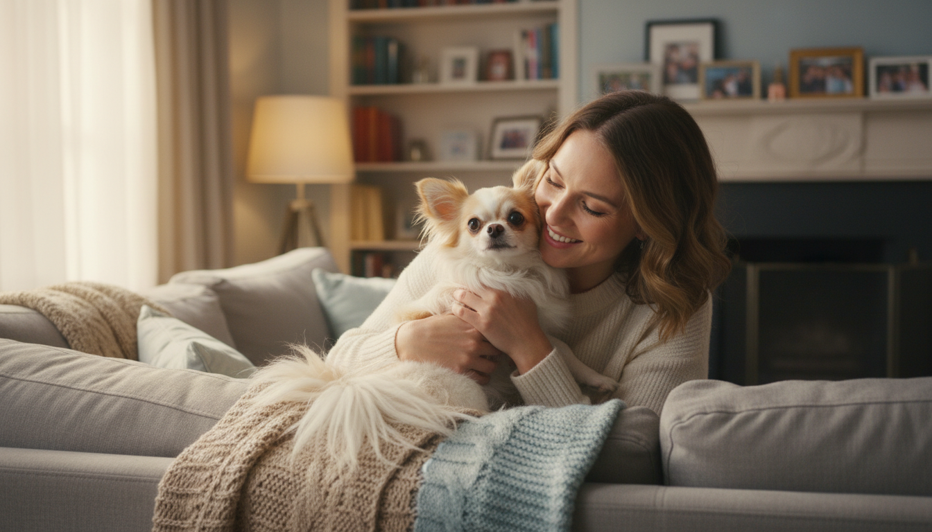 飼主與長毛吉娃娃溫馨互動的場景