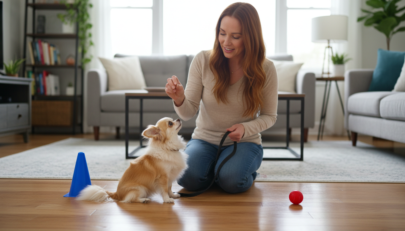 飼主正在對長毛吉娃娃進行基本服從性訓練