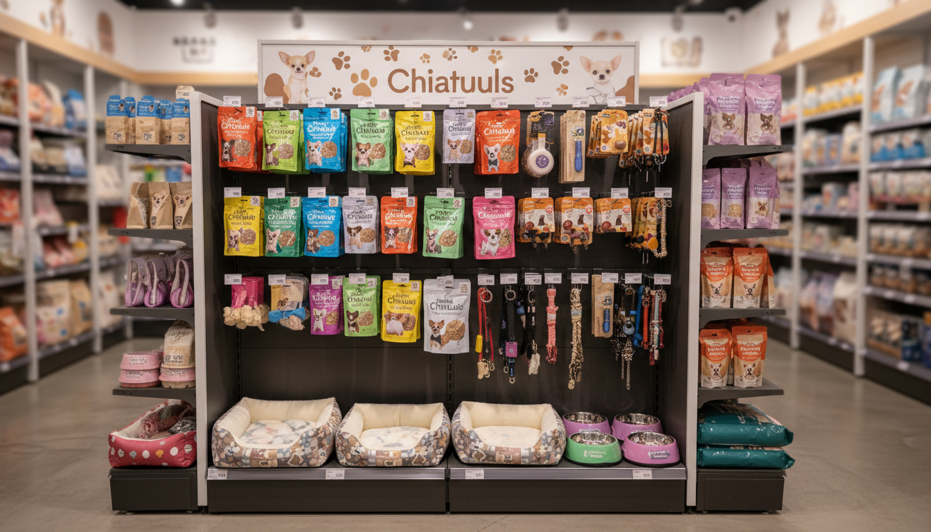 香港寵物店內吉娃娃用品和食品展示區