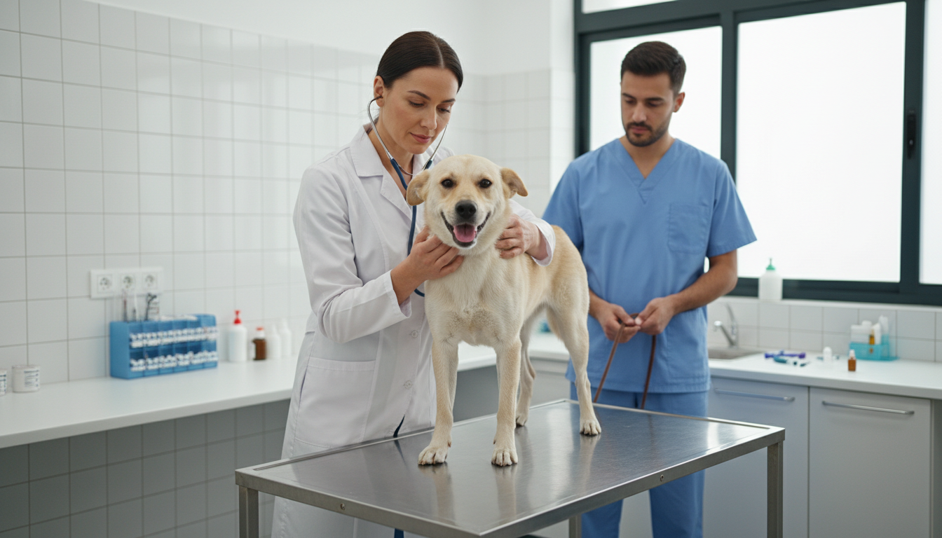 獸醫為唐狗進行健康檢查的畫面