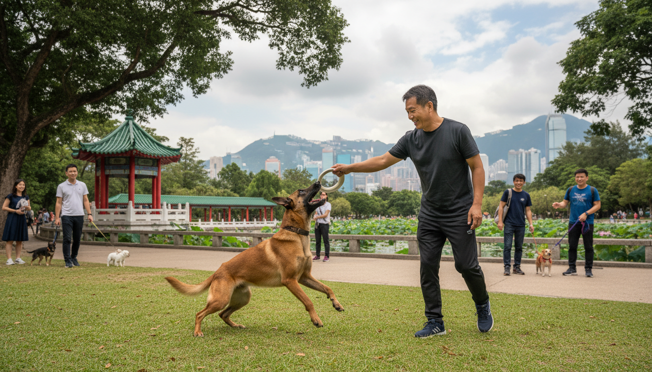一隻訓練有素的比利時牧羊犬（瑪利諾）與主人在香港的公園裡愉快地互動，展示人犬和諧