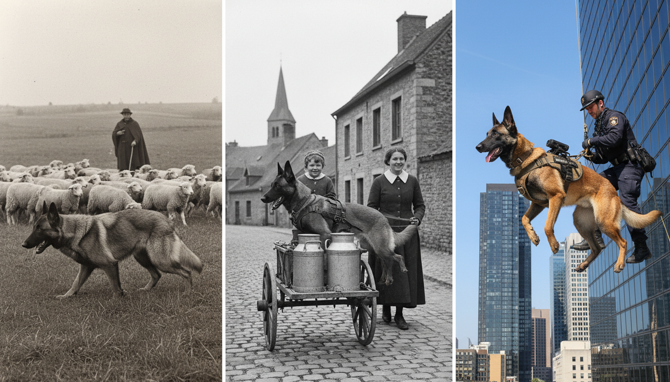 描繪比利時牧羊犬（瑪利諾）在歷史中作為牧羊犬和工作犬的演變