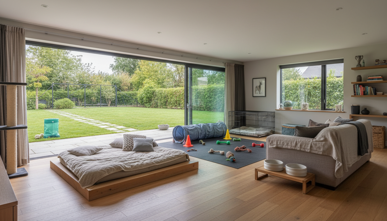 適合比利時牧羊犬（瑪利諾）的理想家居環境設置，展示有足夠的活動空間和休息區