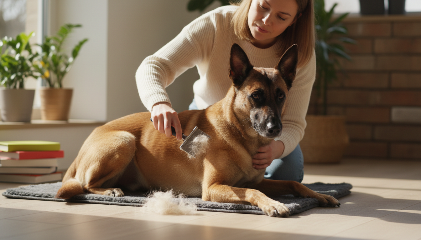 為比利時牧羊犬（瑪利諾）進行日常護理的正確方法，展示梳毛、剪指甲和清潔耳朵