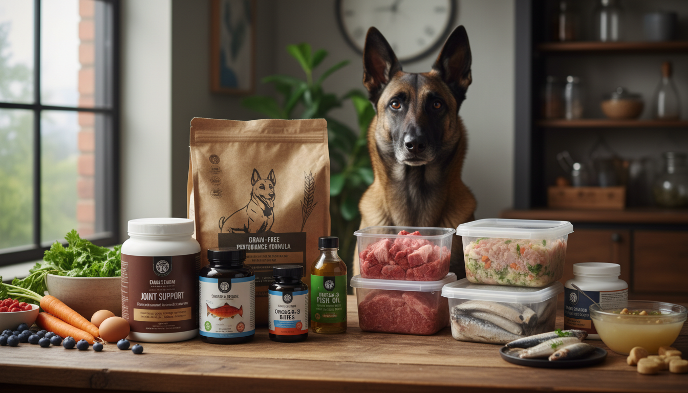 展示多種適合比利時牧羊犬（瑪利諾）的高品質狗糧、鮮食和營養補充品