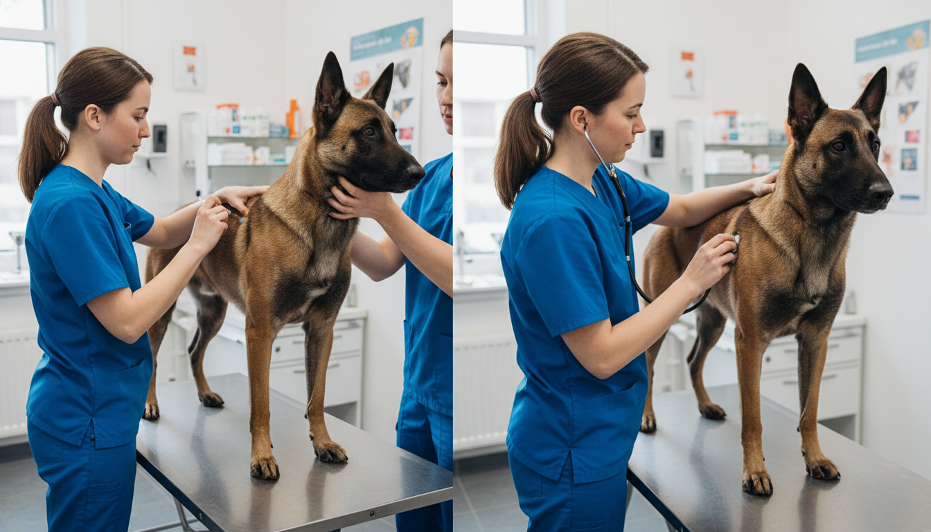 獸醫正在為比利時牧羊犬（瑪利諾）進行健康檢查，展示疫苗接種或聽診等場景