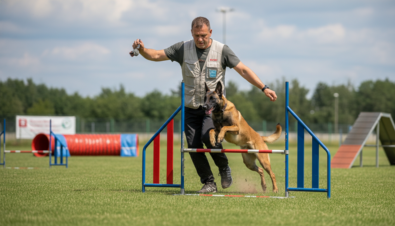 訓練師正在指導比利時牧羊犬（瑪利諾）進行敏捷訓練，展示其專注和活力