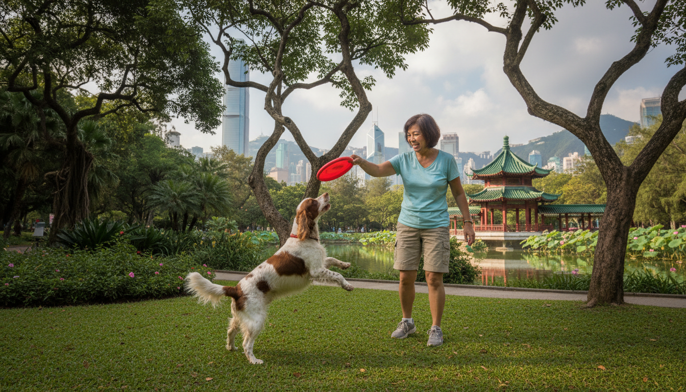 英國史賓格犬與飼主在香港公園快樂互動的場景