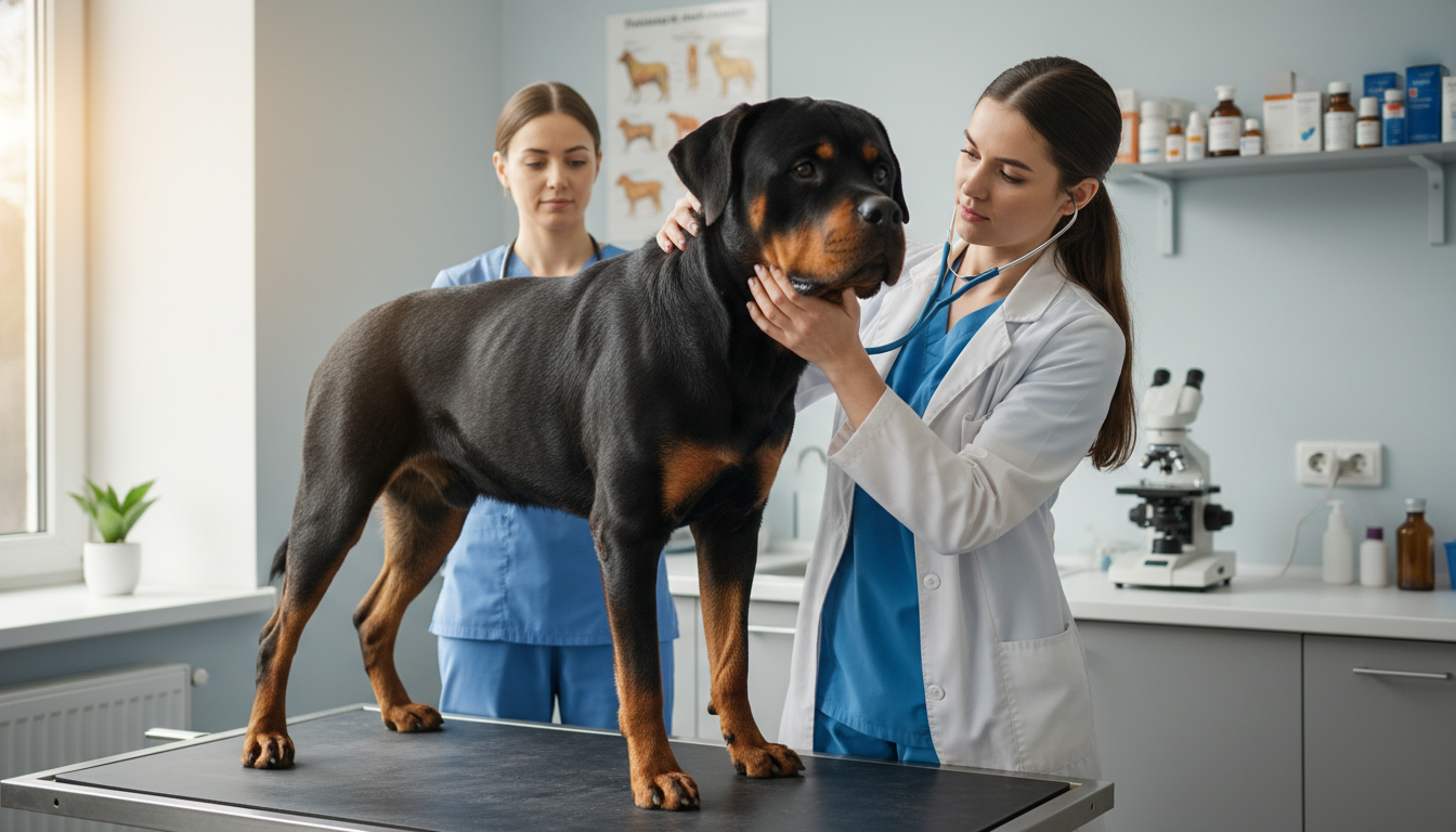 獸醫正在為羅威納犬進行健康檢查