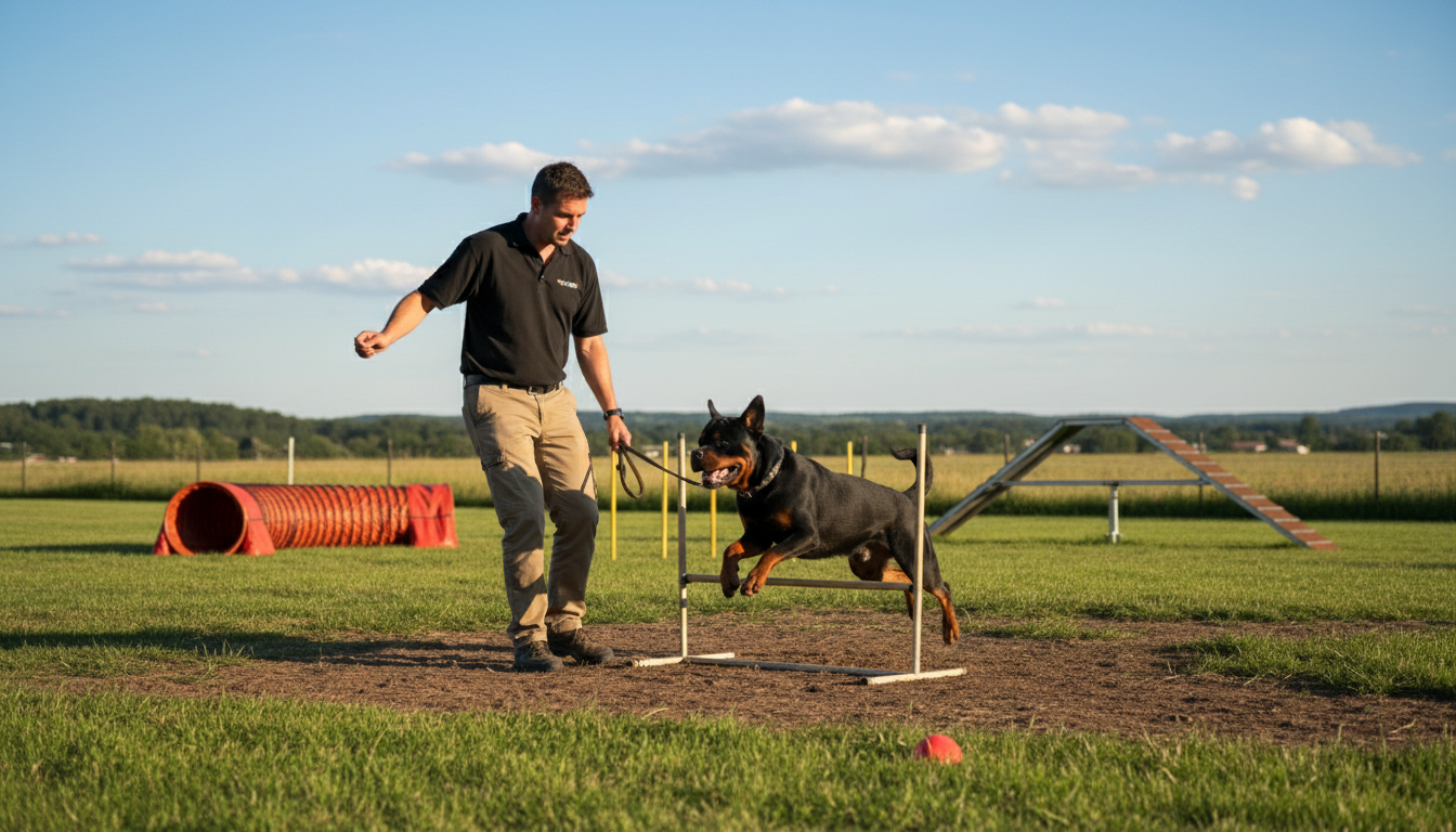 羅威納犬正在接受專業訓練的場景