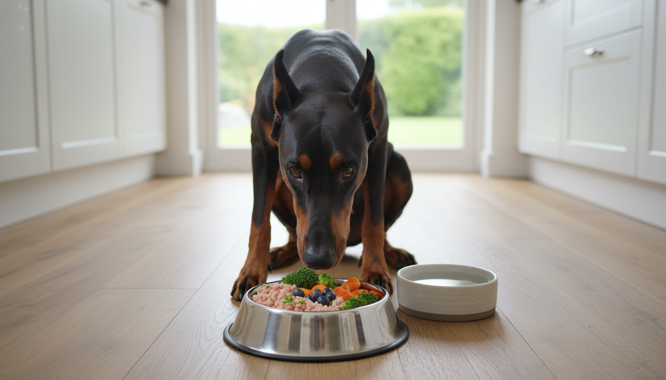 杜賓犬享受健康飲食的畫面