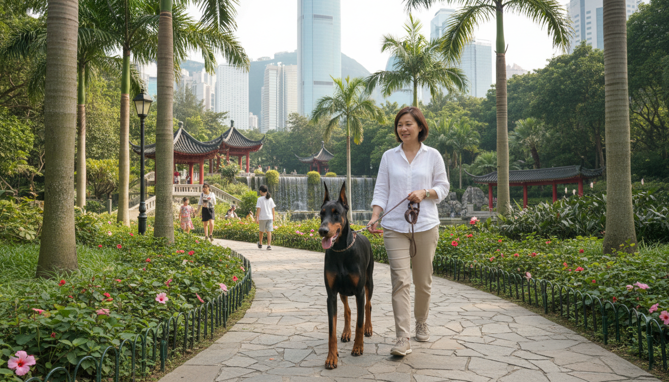 杜賓犬與主人在香港公園散步