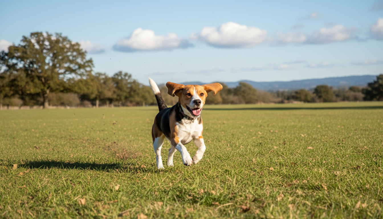 比格犬在戶外草地上奔跑玩耍，展現其活潑天性