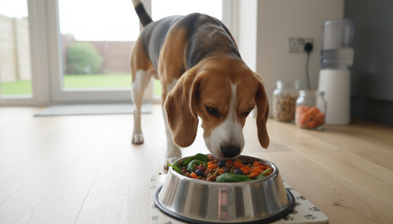 比格犬享用健康狗糧的場景