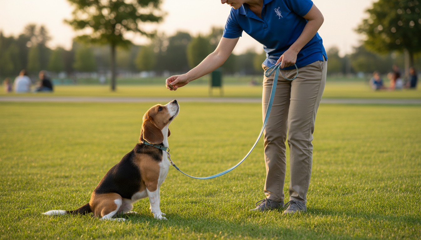 訓練師指導比格犬進行基礎服從訓練