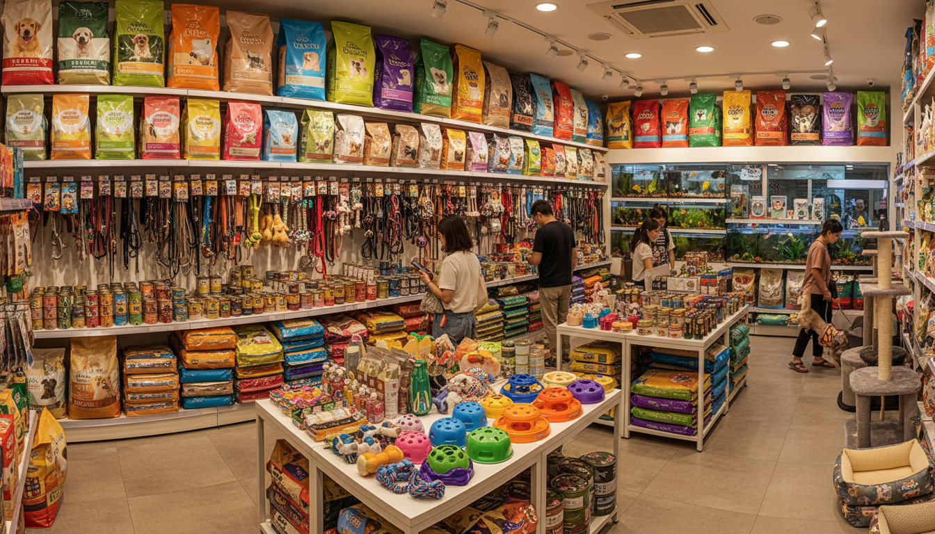 香港寵物店內展示的各種狗糧和寵物用品